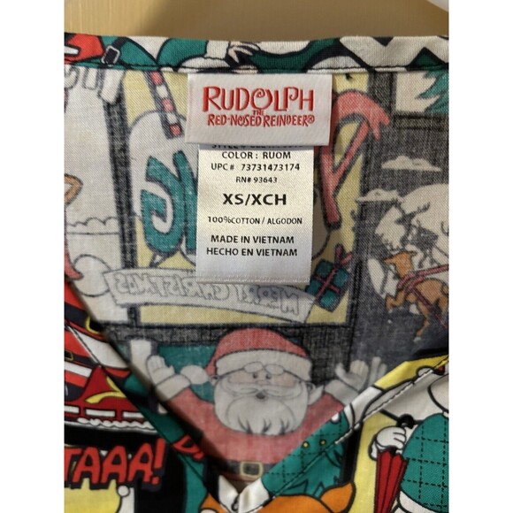 Christma Holiday Scrub Top Rudolph & Friend Multicolor S/S VNeck Size XSmall NWT - Picture 5 of 5